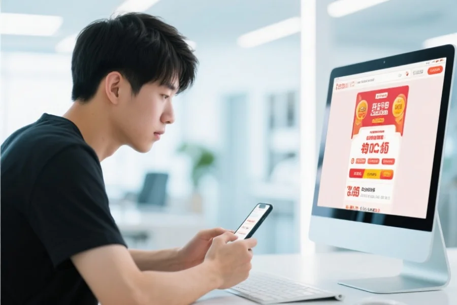 一位年轻人认真查看电脑或手机上的开奖页面,专注且环境明亮现代